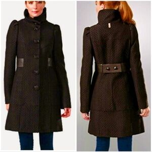 🤎MACKAGE🤎 Dark Brown Herringbone Wool Coat Jacket with Leather Trim, Sz S
